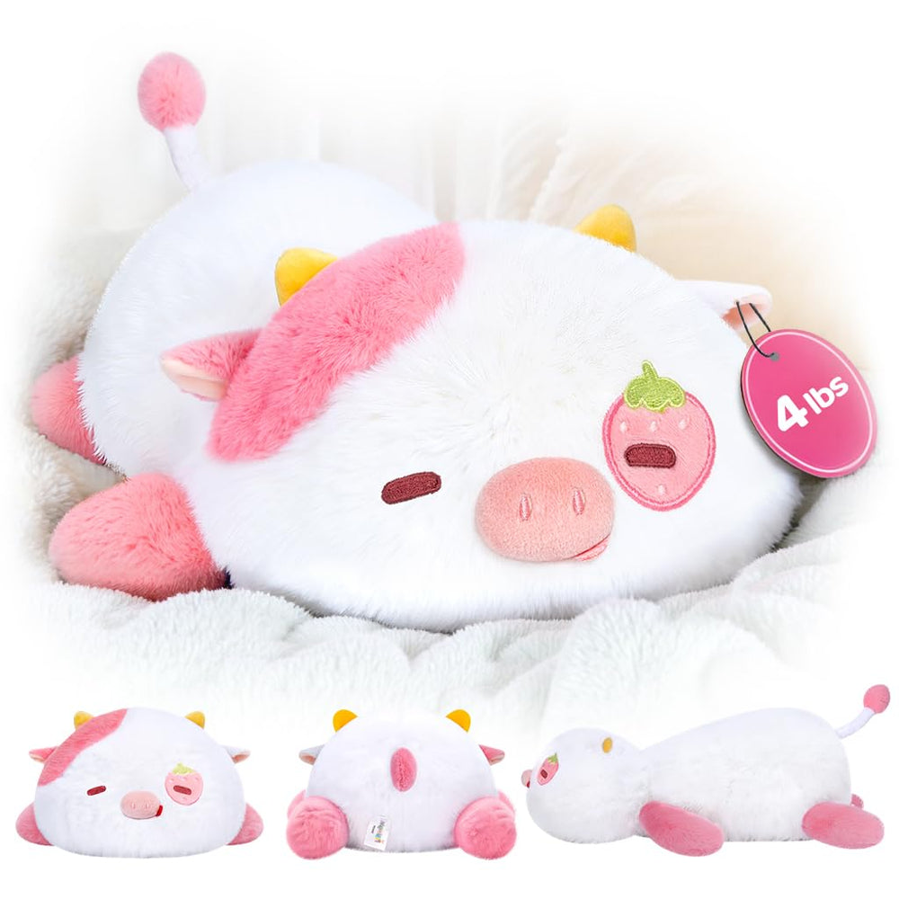 Mewaii weighted strawberry cow 23in side view for calming hugs.