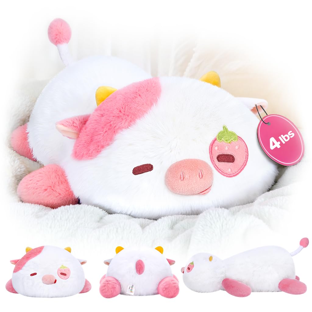 Mewaii weighted strawberry cow 23in side view for calming hugs.