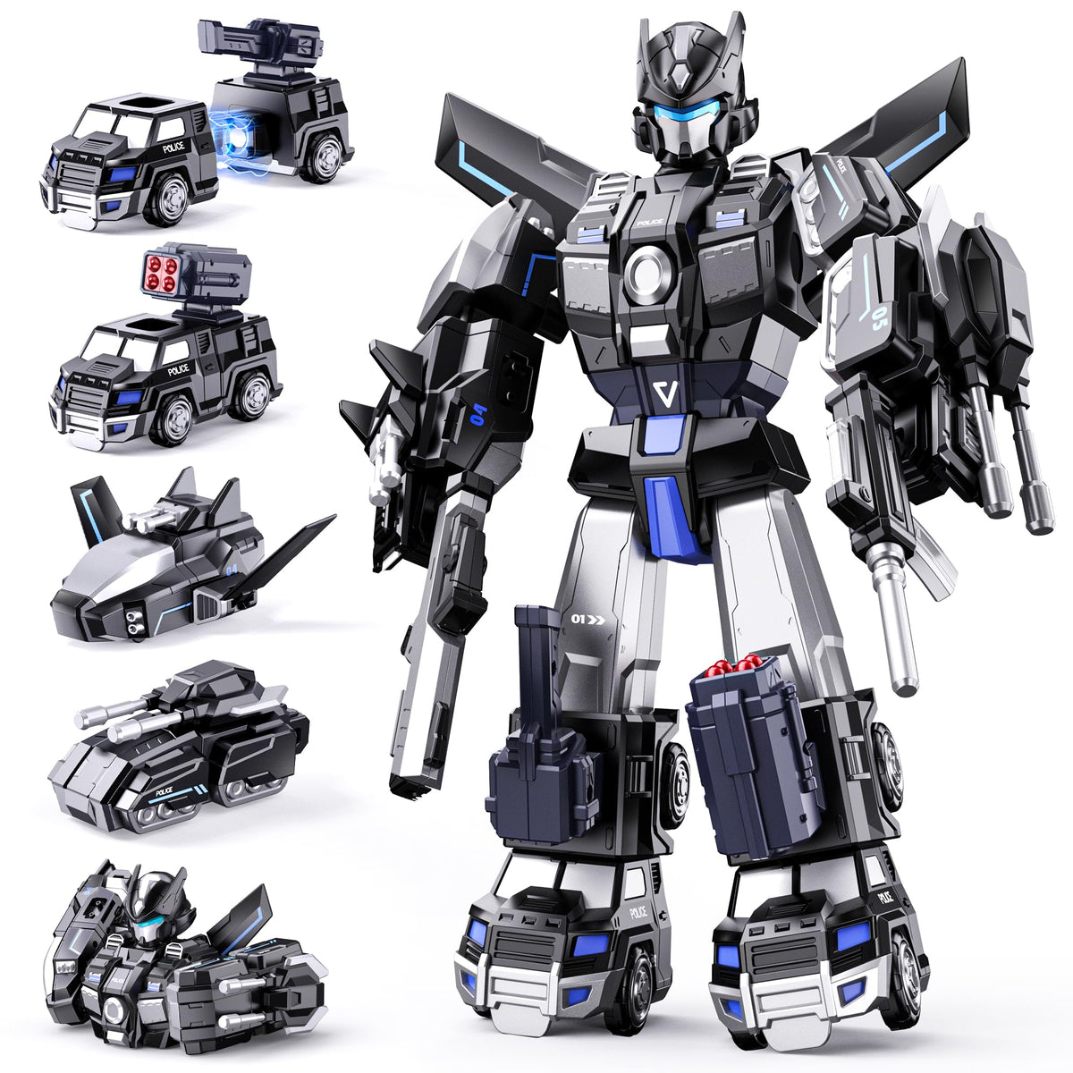 MEWOCHEE 5-in-1 police trucks magnetic transform for imaginative play and easy assembly.