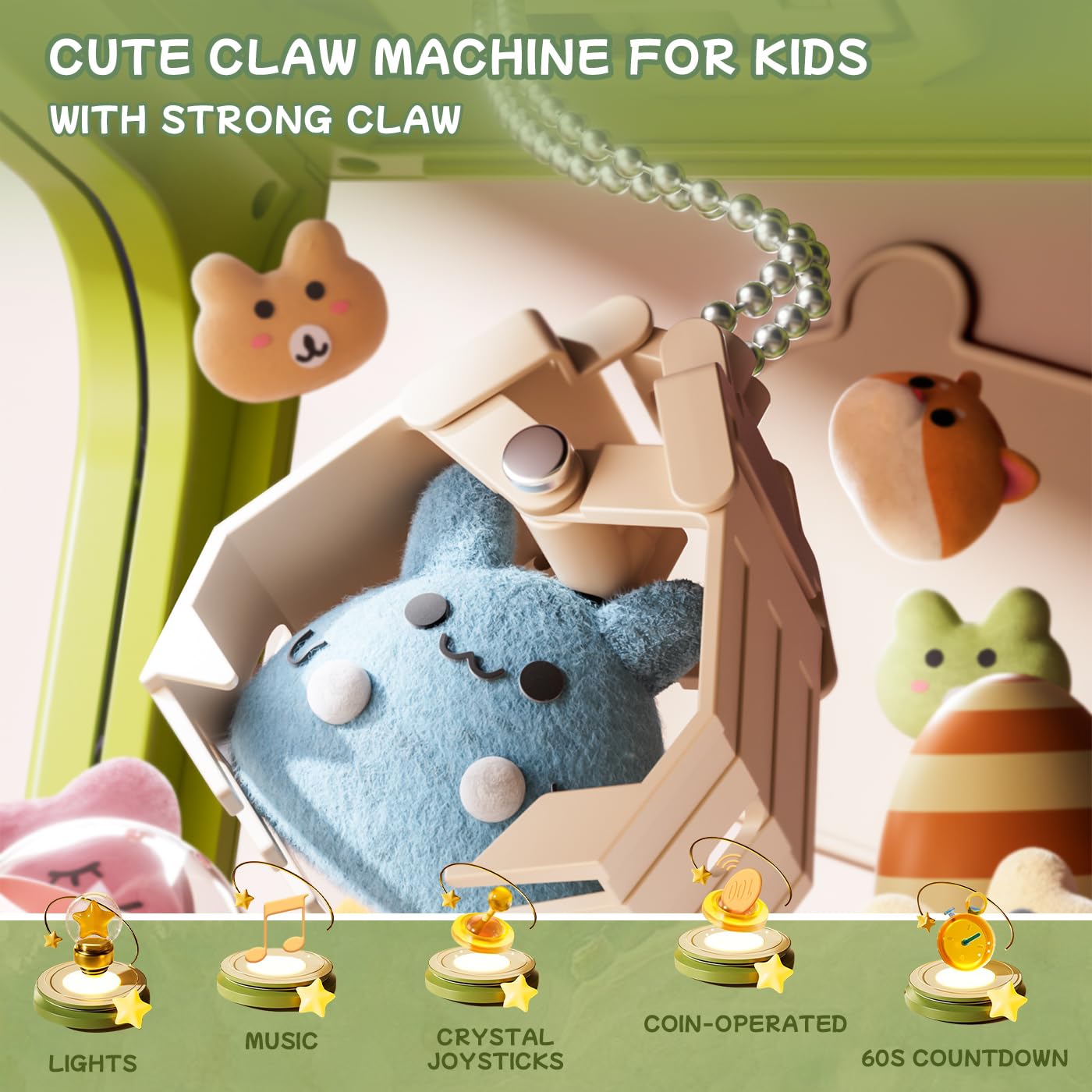 MEWOCHEE claw machine lit-up controls showing interactive lights and sounds.