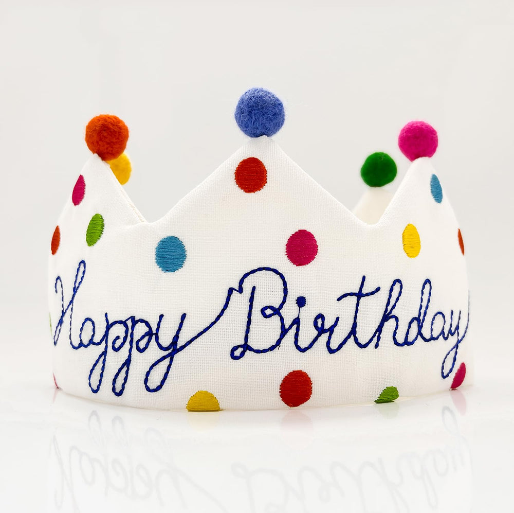 Meygajoe Confetti Dots Birthday Crown top detail with colorful wool balls for celebrations