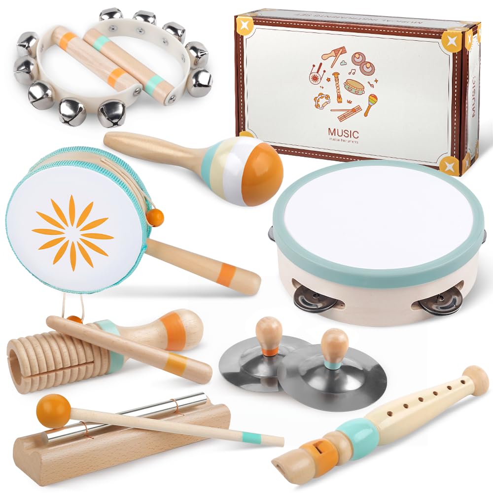 Meytccve 8-in-1 toddler musical instruments set promotes early rhythm and motor skills.