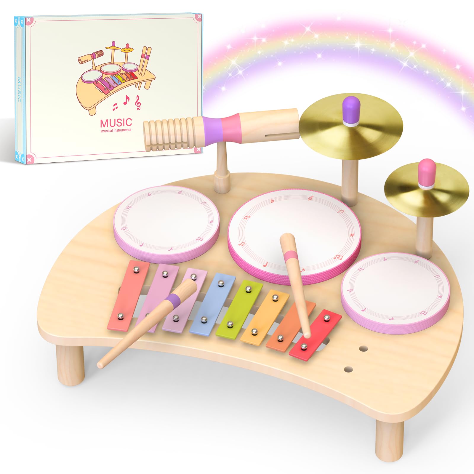 Meytccve Toddlers Drum Set with drums promotes sensory play and fine motor skills.