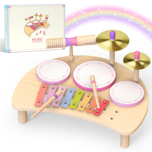 Meytccve Toddlers Drum Set with drums promotes sensory play and fine motor skills.