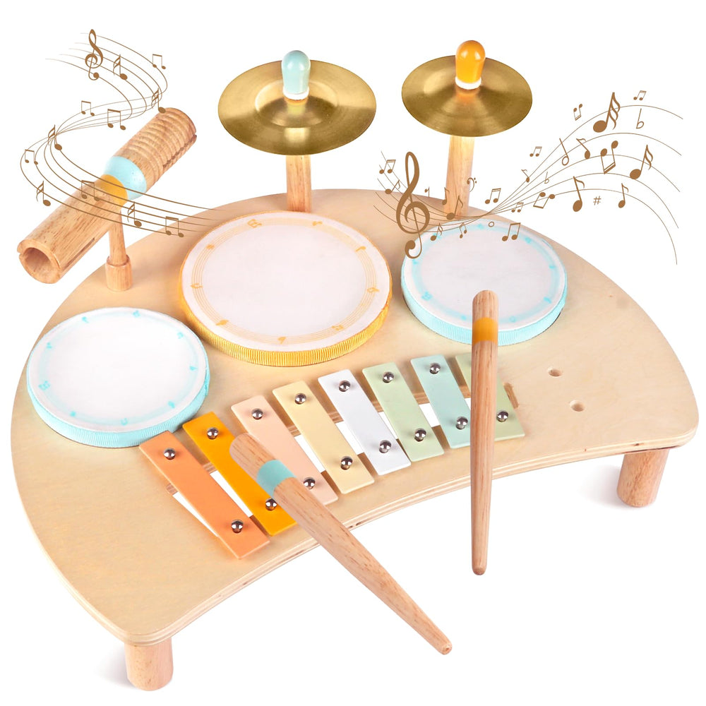 Meytccve Toddlers Drum Set wooden with three drums, inspiring early music exploration.
