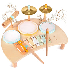 Meytccve Toddlers Drum Set wooden with three drums, inspiring early music exploration.