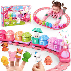 Meytccve pink train set toy with moving train and sounds for toddlers.