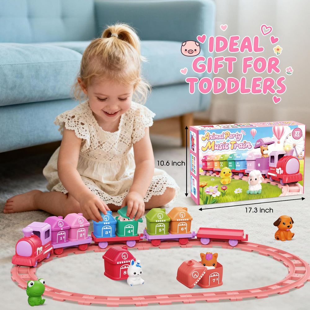 Meytccve play scene showing kids exploring the train set in a classroom or home.
