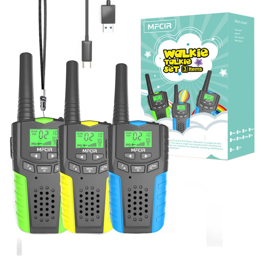 Mfcir kids walkie talkies front view showing three-pack for reliable family communication.