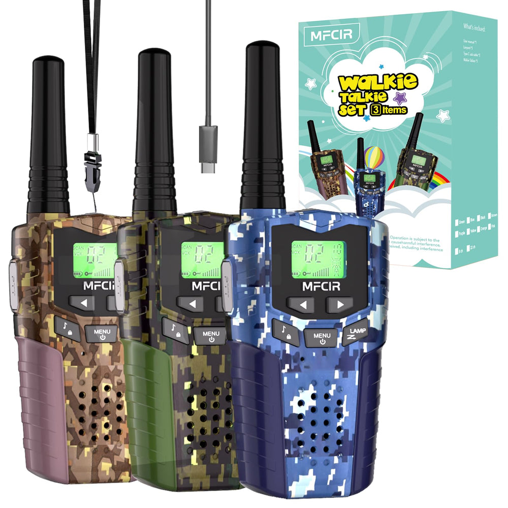 Mfcir rechargeable kids camouflage walkie talkies, front view for outdoor adventures.