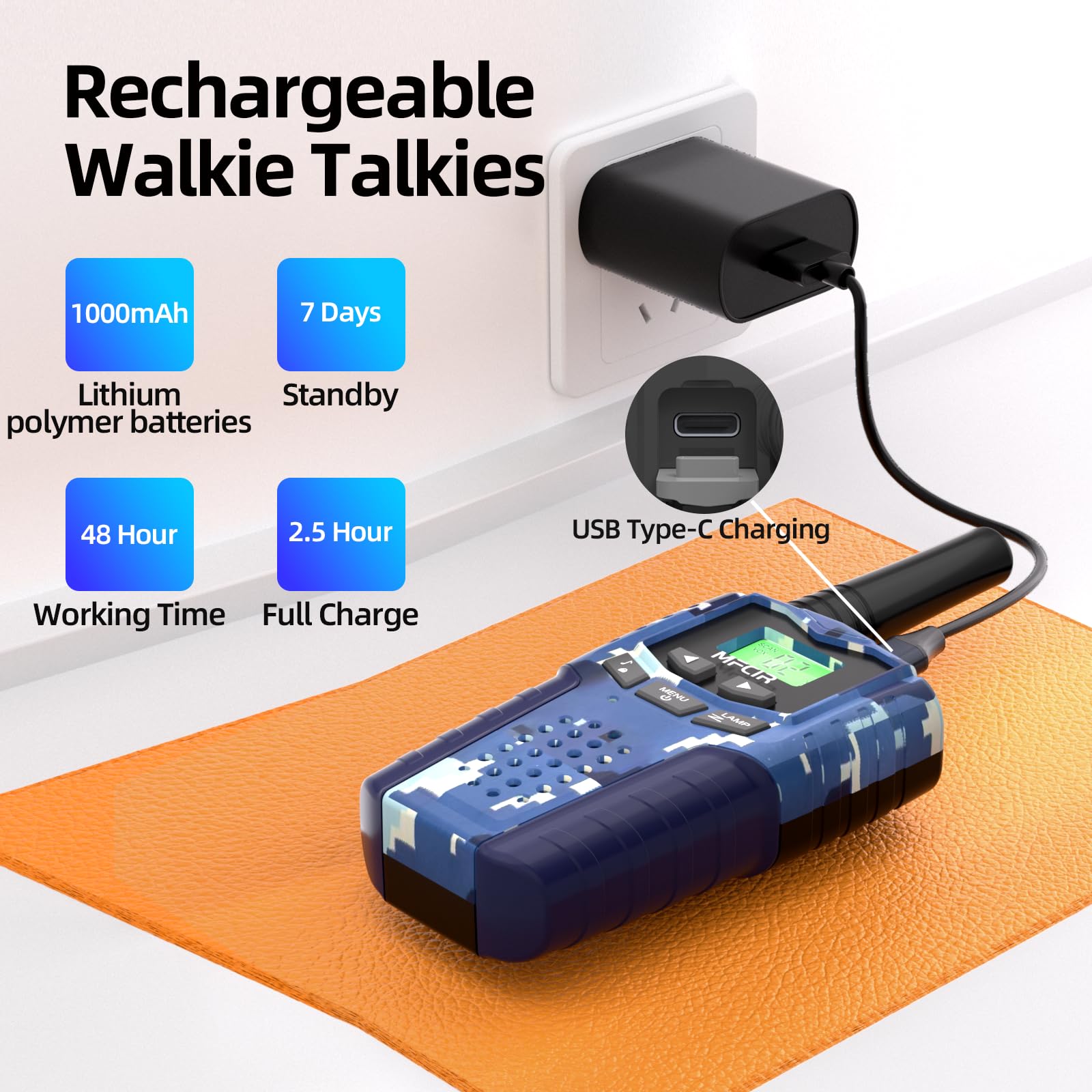 Mfcir Walkie Talkie with USB-C charging for quick, reliable power