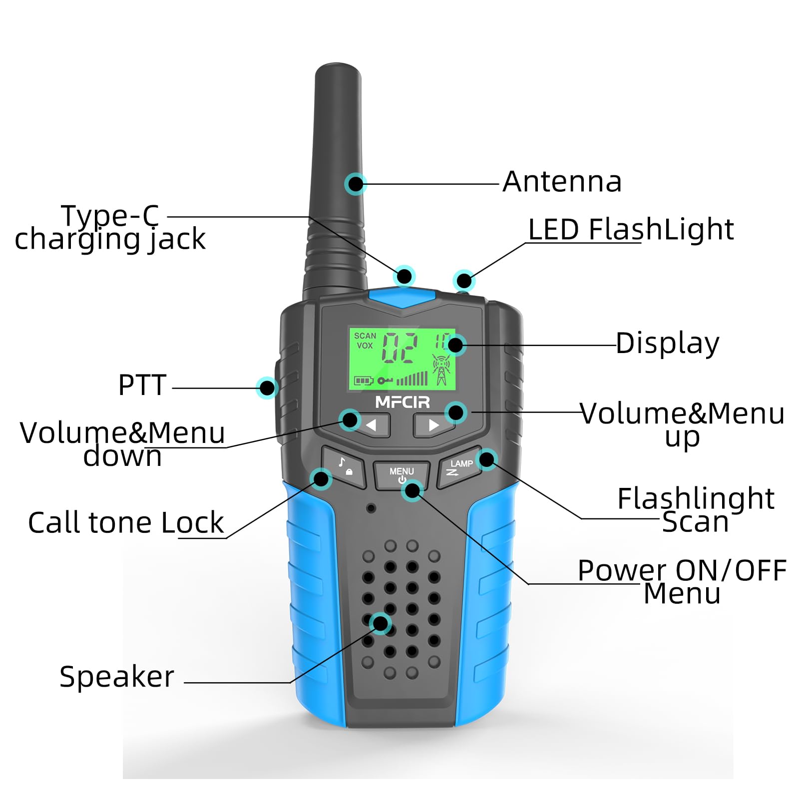 Mfcir Walkie Talkies 2-Pack channel dial and 22-channel setup