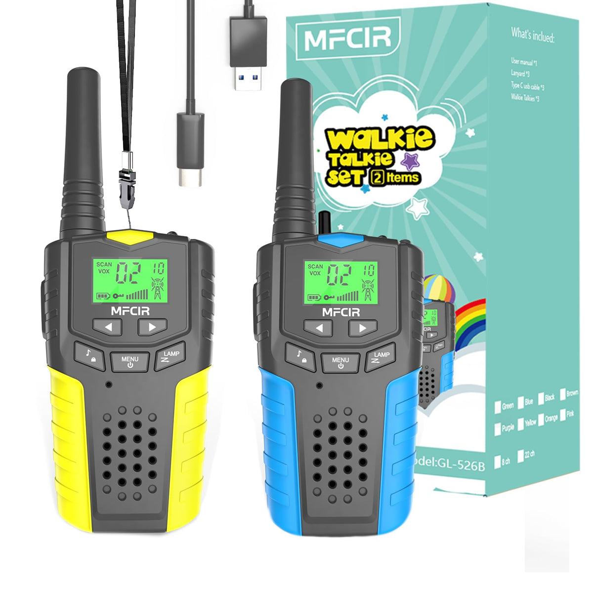 Mfcir Kids Walkie Talkies 2-Pack front view with ergonomic grip for kids