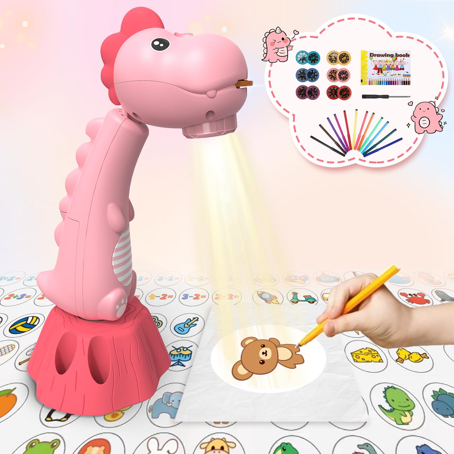 MFEESYOB drawing projector for kids shows patterns to trace and color.