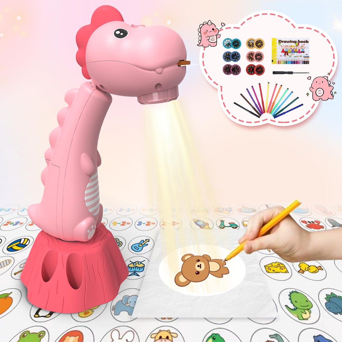 MFEESYOB drawing projector for kids shows patterns to trace and color.