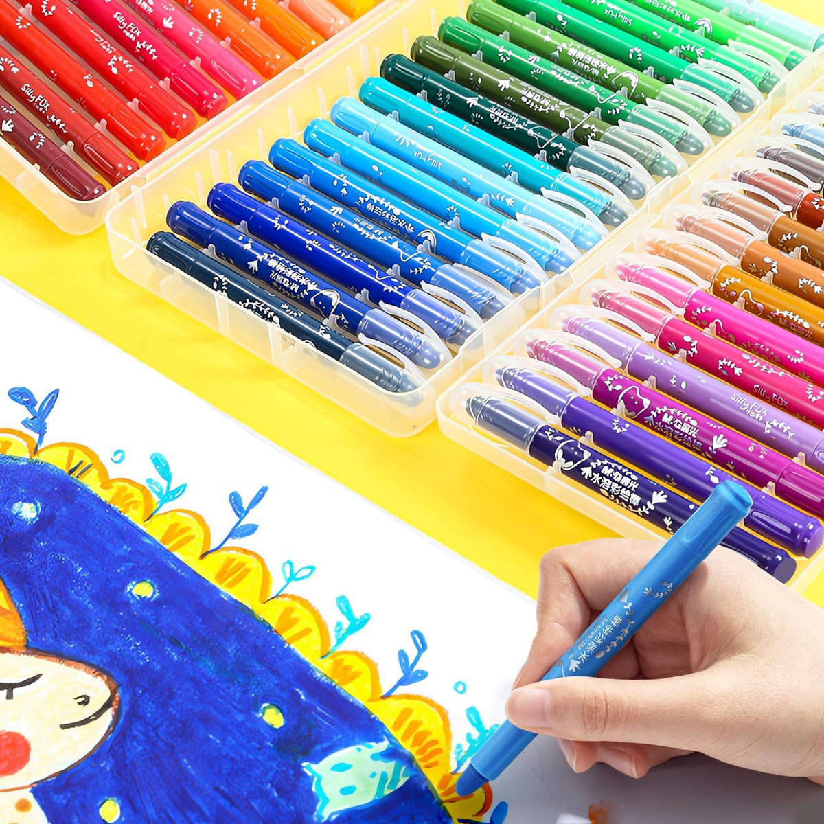 M&G washable tempera paint sticks color swatches showing vibrant 48 colors.