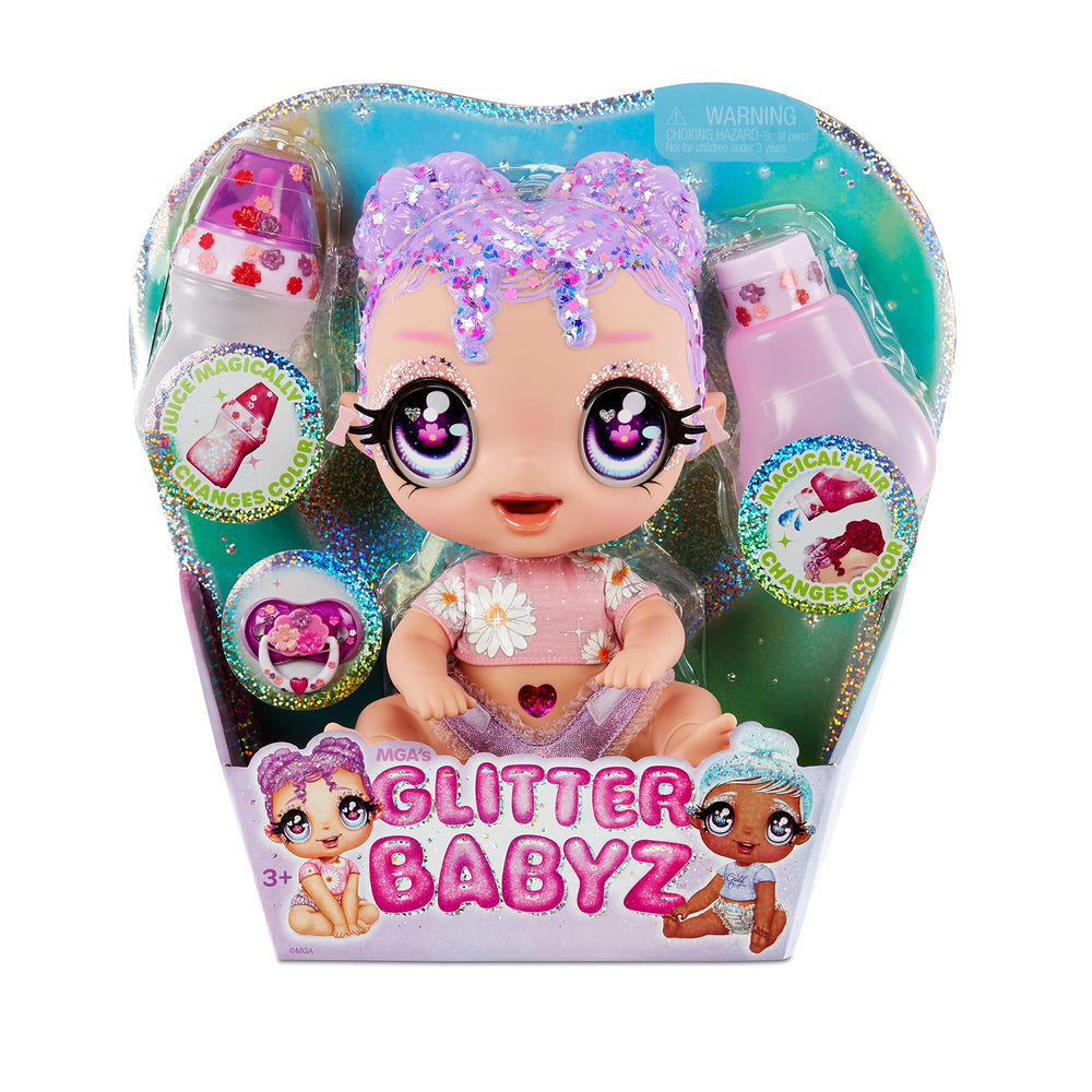 MGA Glitter Babyz Lila Wildboom face—sparkly eyes for imaginative pretend play