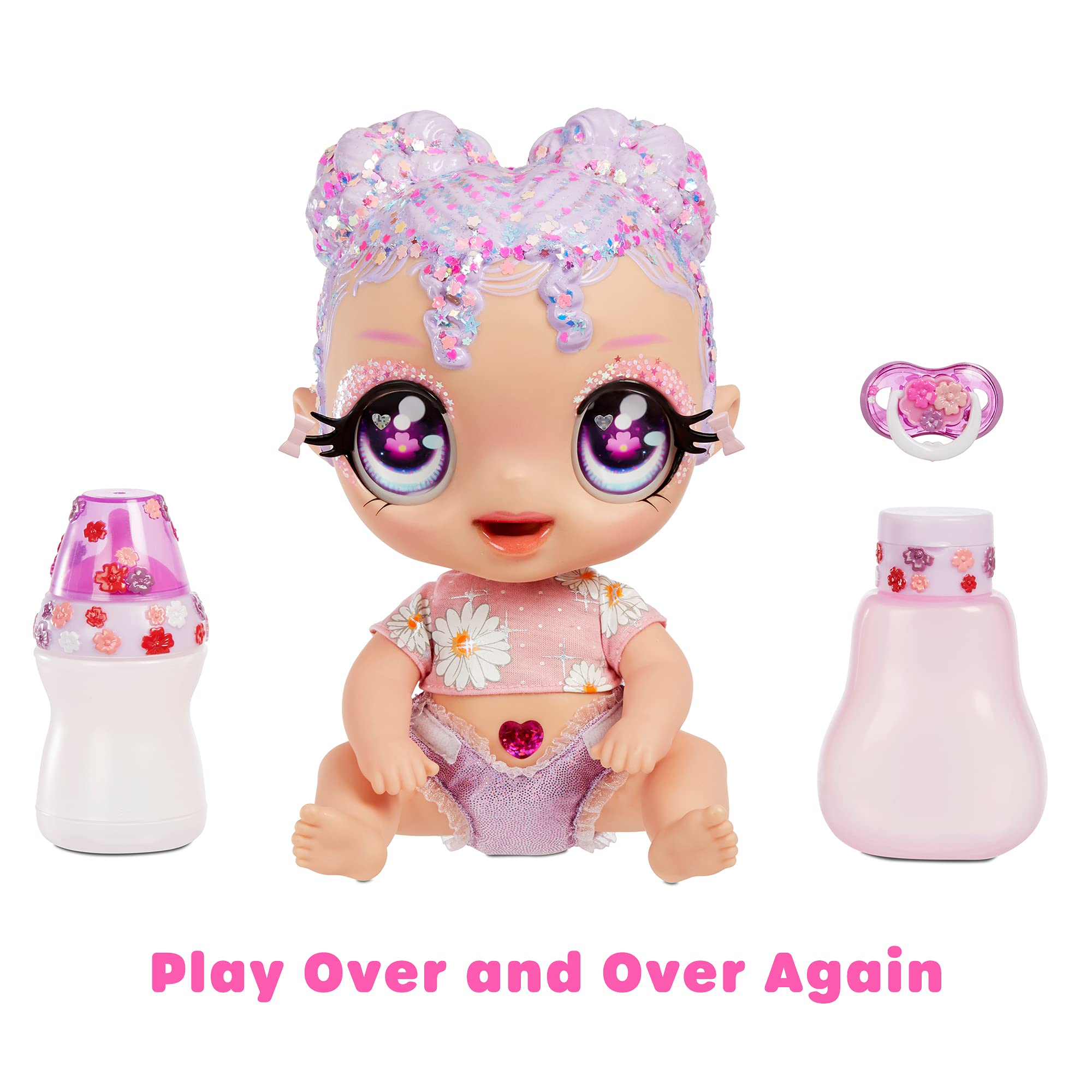 MGA Glitter Babyz Lila Wildboom flower details—cute accents spark storytelling moments