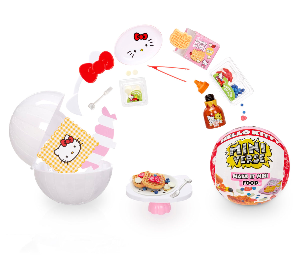 MGA's Miniverse Make It Mini Food Hello Kitty ball opens to reveal tiny foods for display and collection.