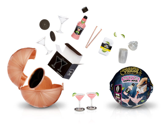 MGA's Miniverse Make It Mini Happy Hour ball unboxing with miniature cocktail ingredients for display.
