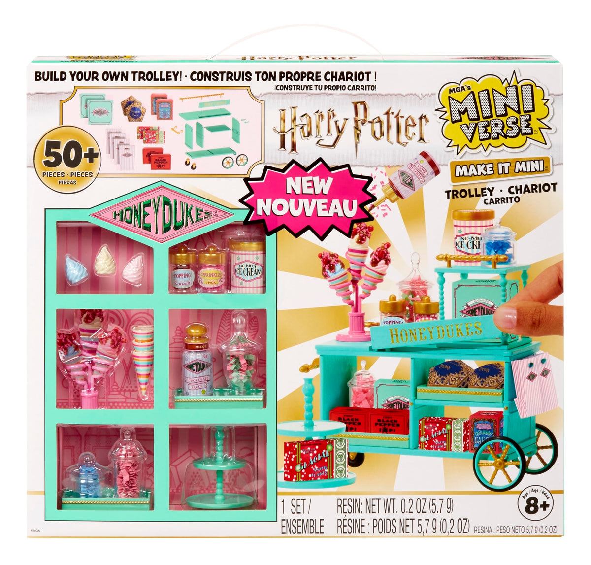 MGA's Miniverse Make It Mini Honeydukes Trolley pieces ready for display.