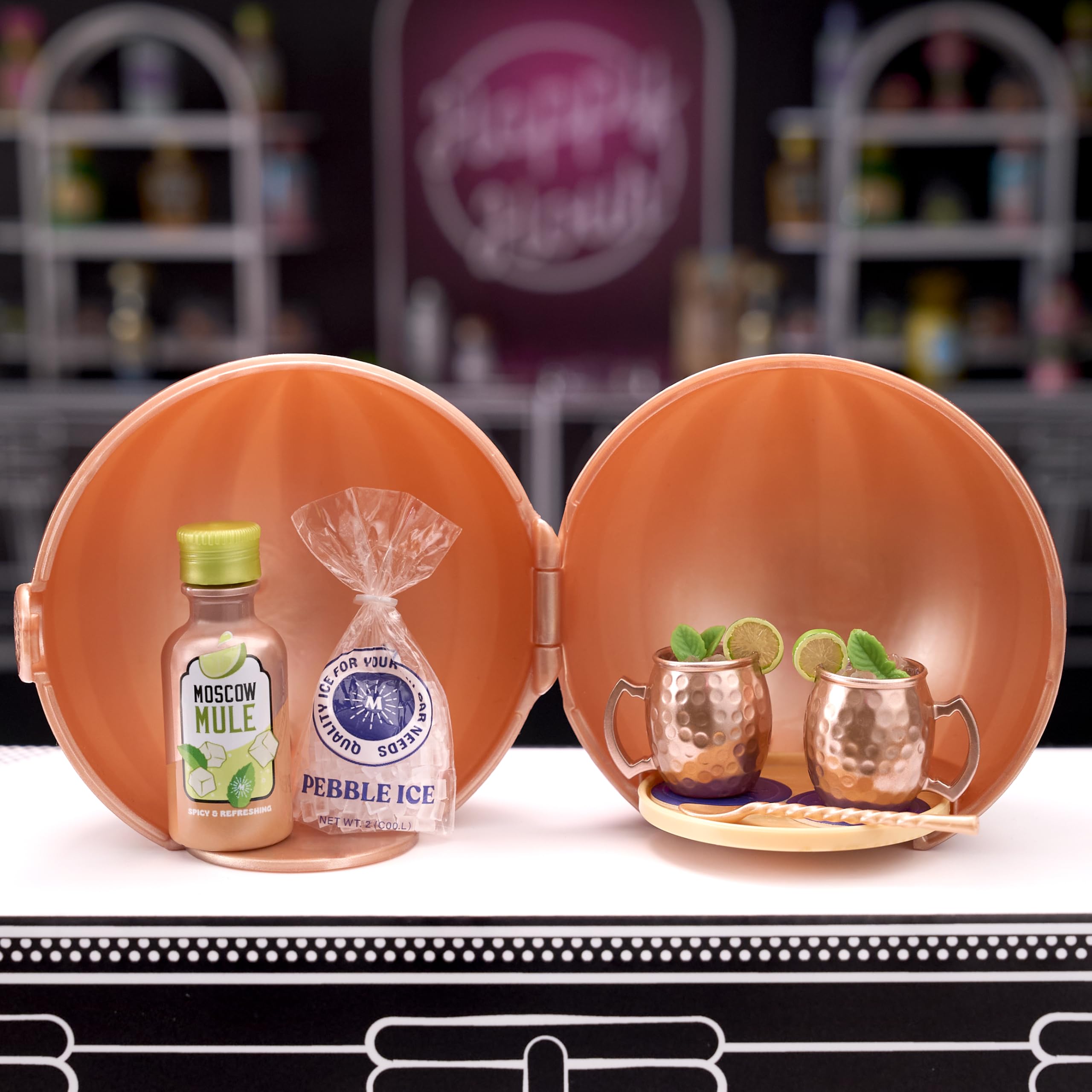 MGA's Miniverse Make It Mini Happy Hour mini shaker bottle and shot glasses for collectors and display setups.