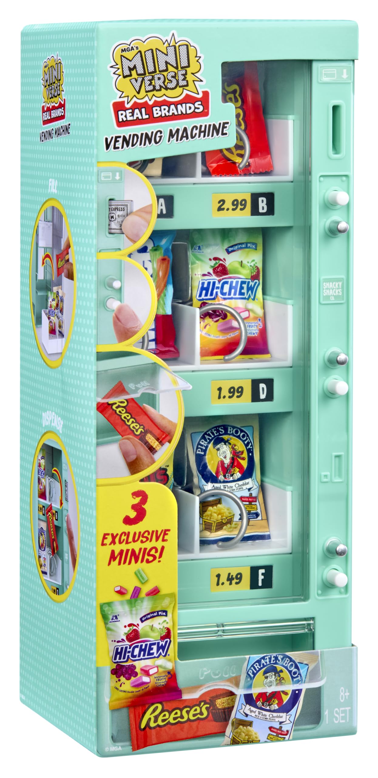 MGA's Miniverse vending machine front packaging showing teal or red color options and inclusions