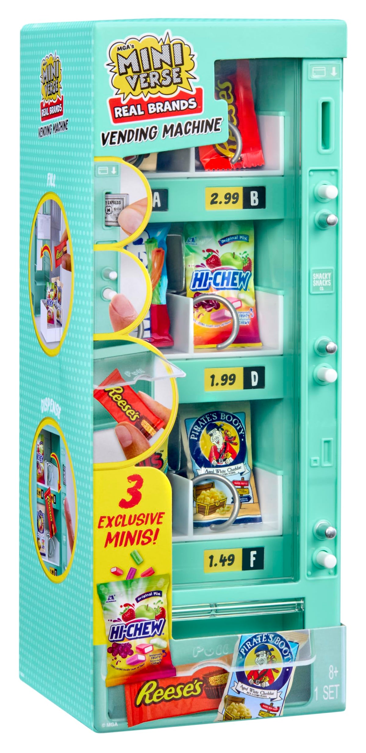 MGA's Miniverse vending machine front packaging showing teal or red color options and inclusions