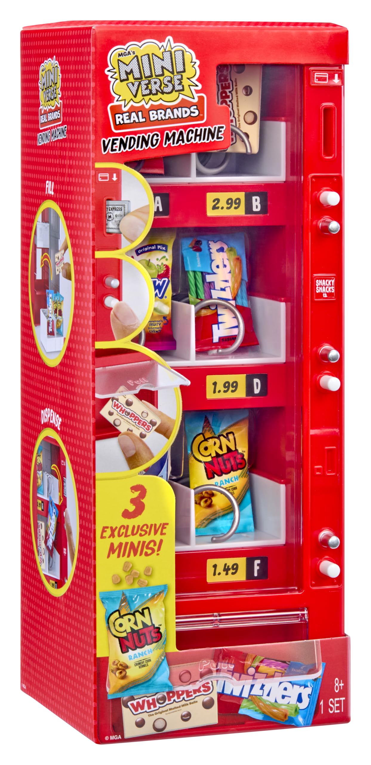 Close-up of the teal MGA's Miniverse vending machine highlighting interactive dispensing mechanism