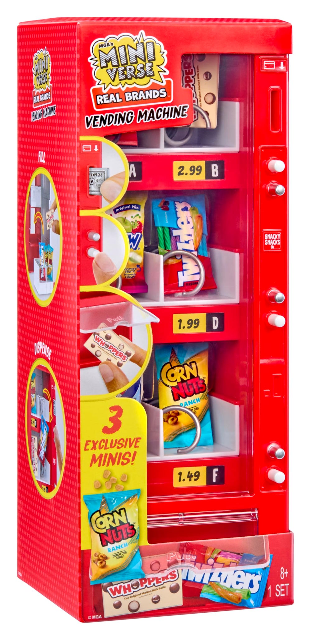 Close-up of the teal MGA's Miniverse vending machine highlighting interactive dispensing mechanism