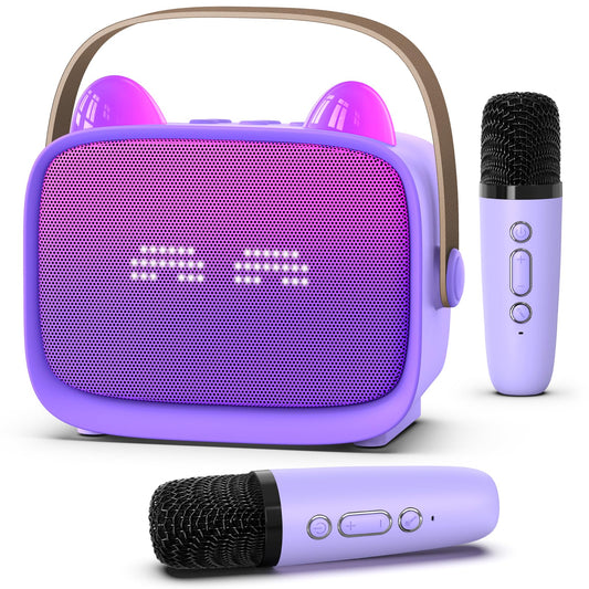 MgaoLo upgraded mini karaoke machine front view with colorful LED lights for home play
