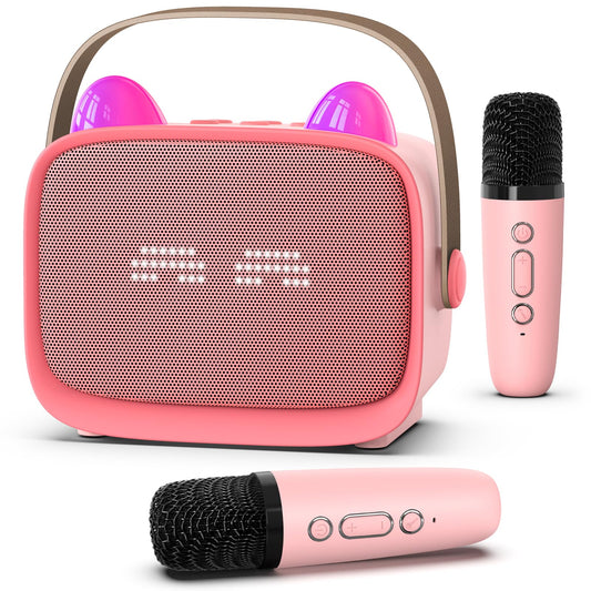 Mgaolo upgraded mini karaoke speaker with emoji-led lights enhances family sing-alongs.