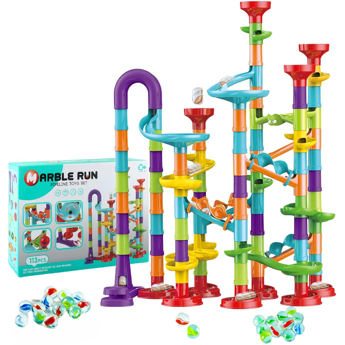 Mgivyar Marble Runs 113-pcs set with colorful pieces for creative STEM play