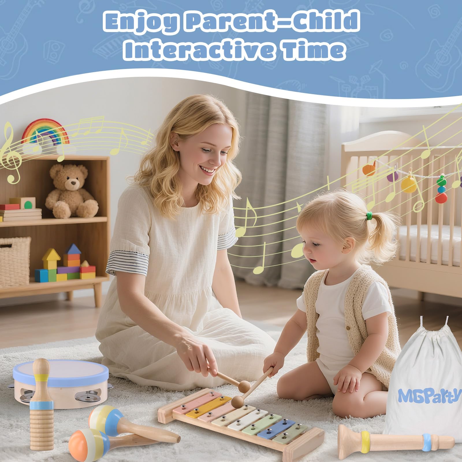 MGparty wood sounder encourages tactile exploration and sound discovery.