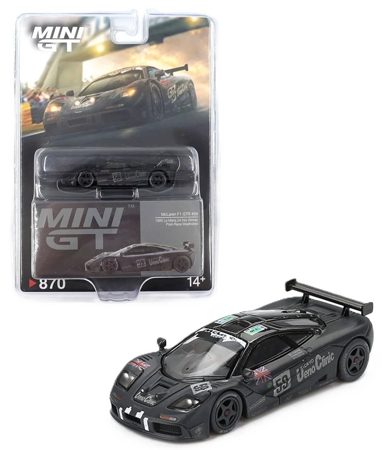 MGT00870 diecast McLaren F1 GTR weathered front view, ideal for display.