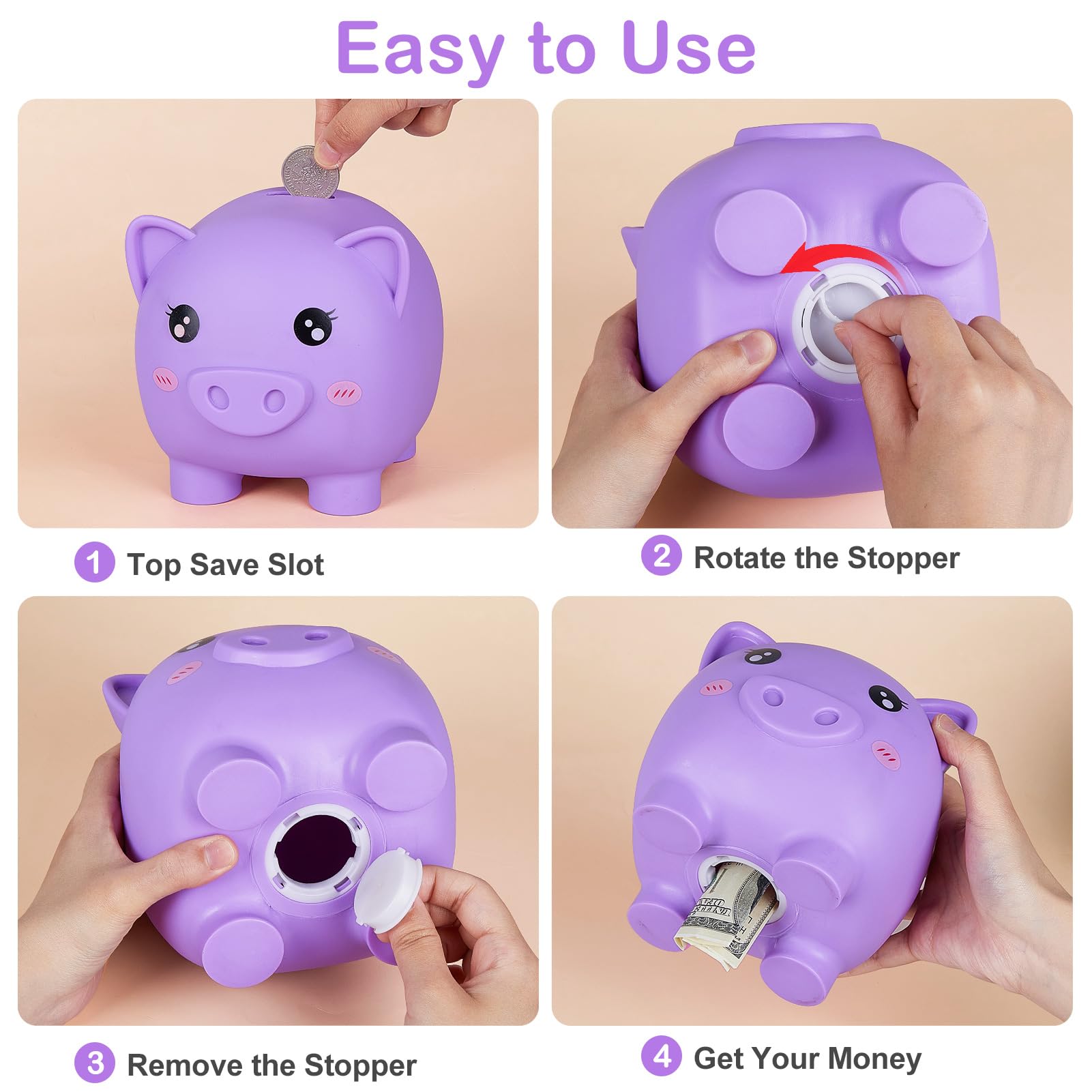 MHJY cute design piggy bank—bright purple decor for kids’ rooms.