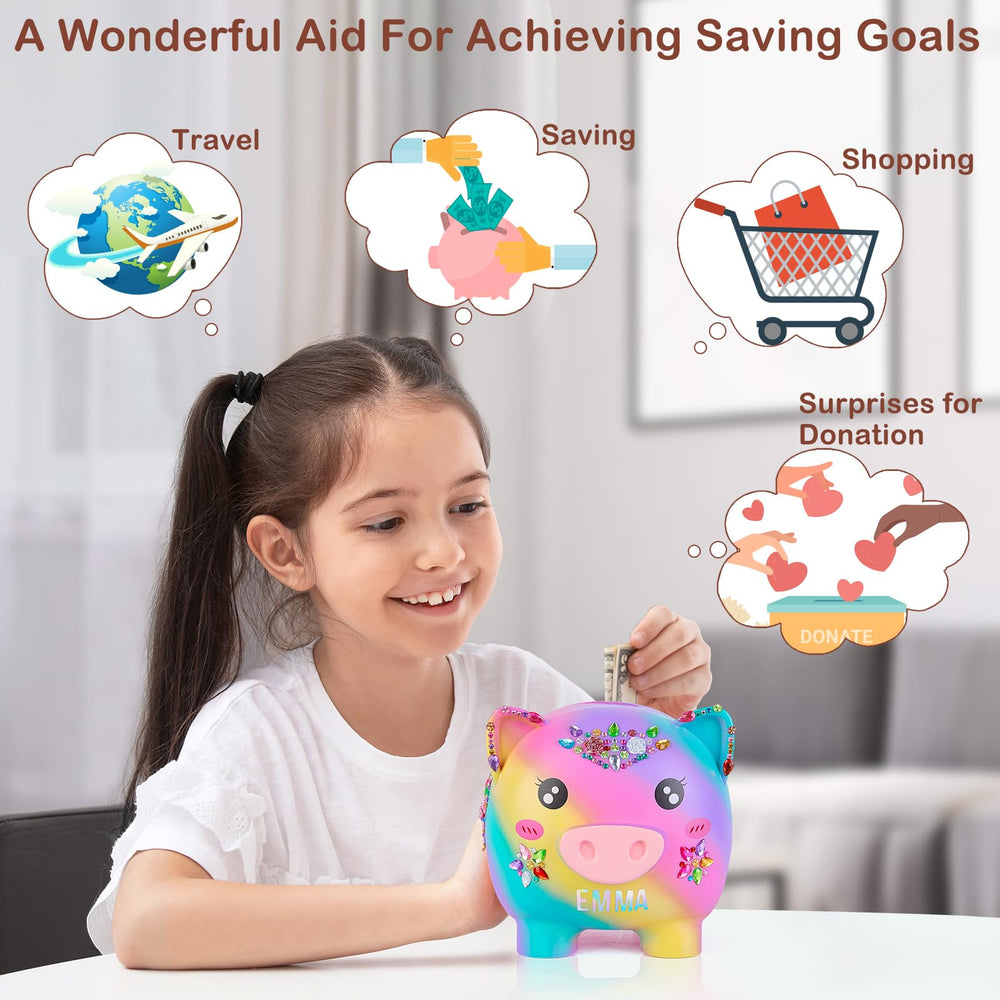 MHJY piggy bank with DIY stickers for personalized decoration.