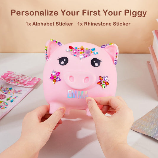 MHJY unbreakable piggy bank showing stickers for customization