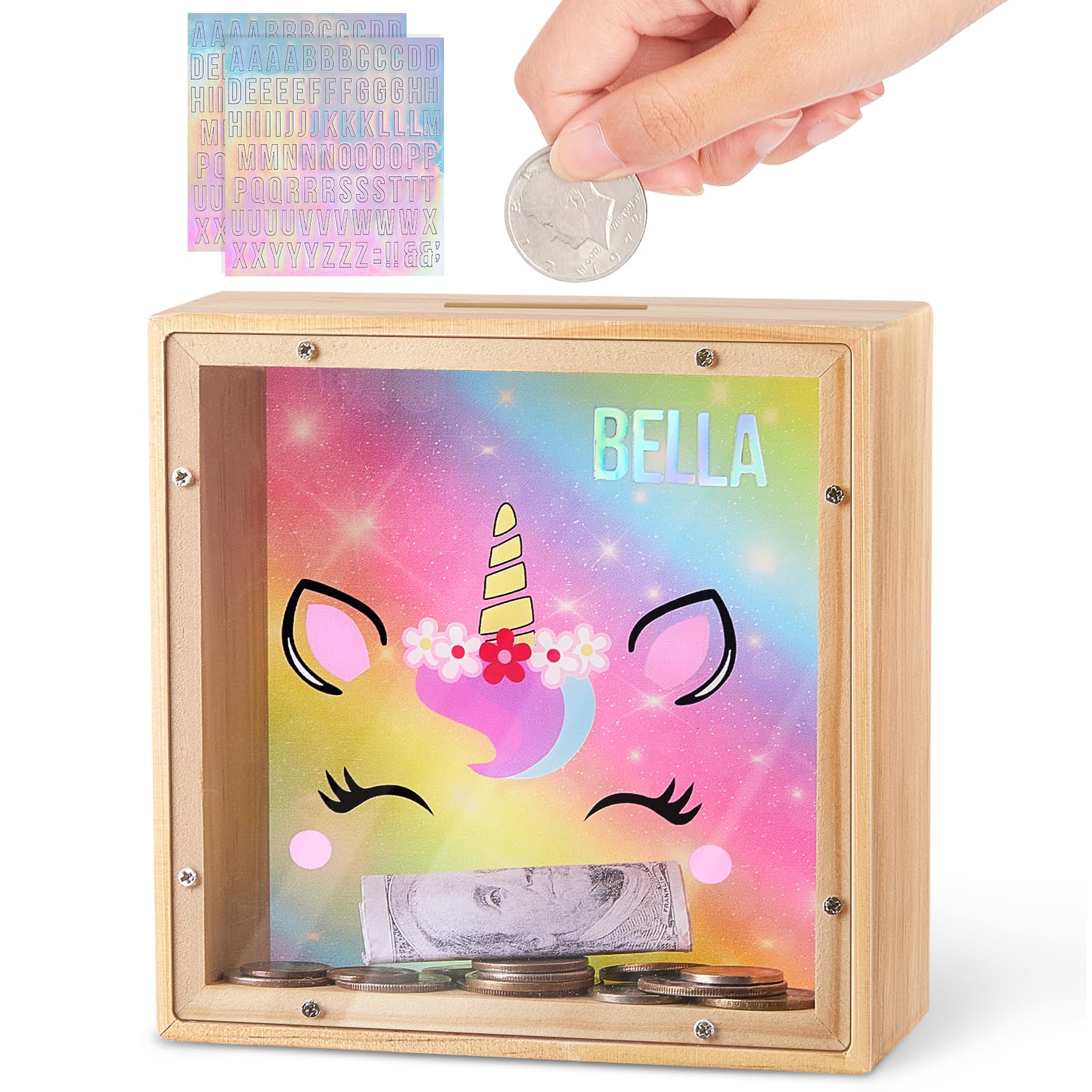 MHJY piggy bank for kids with dinosaur rainbow design and clear panel for saving