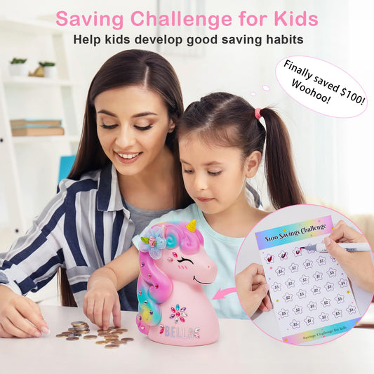 MHJY piggy bank with savings challenge cards to gamify saving.