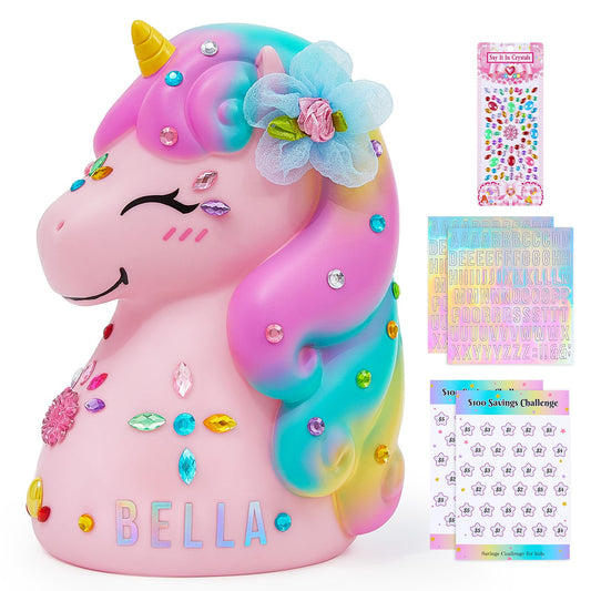 MHJY Unicorn Piggy Bank with DIY stickers for personalized savings.