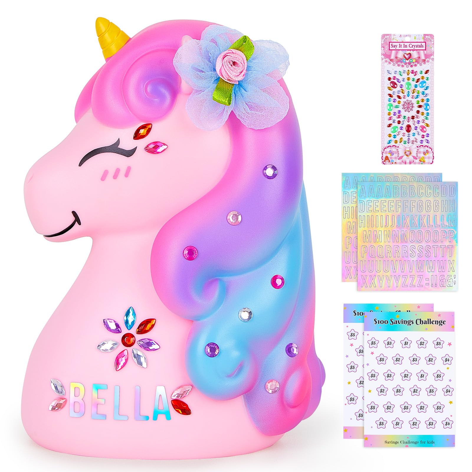 MHJY unicorn piggy bank front view showing durable vinyl build for daily use