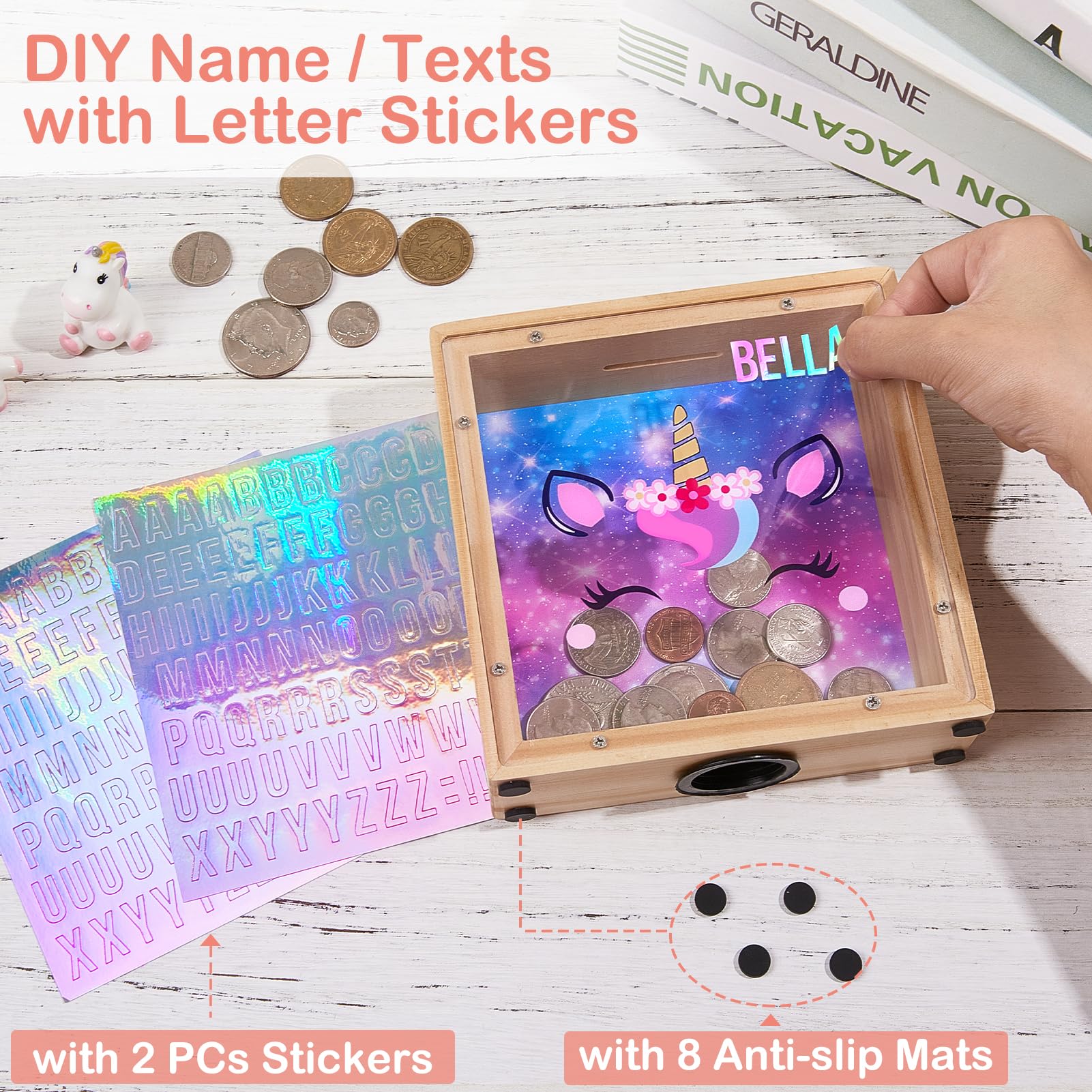 MHJY Wooden piggy bank with clear acrylic window to track savings.