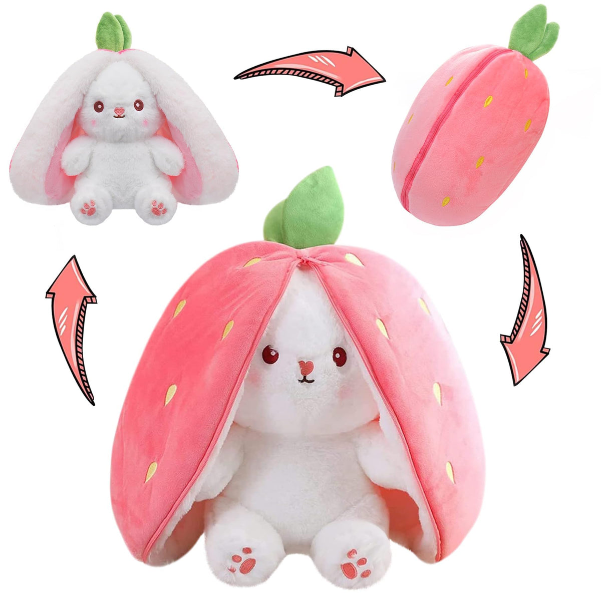 MIAODAM Bunny stuffed toy strawberry with zipper transform feature for versatile play.