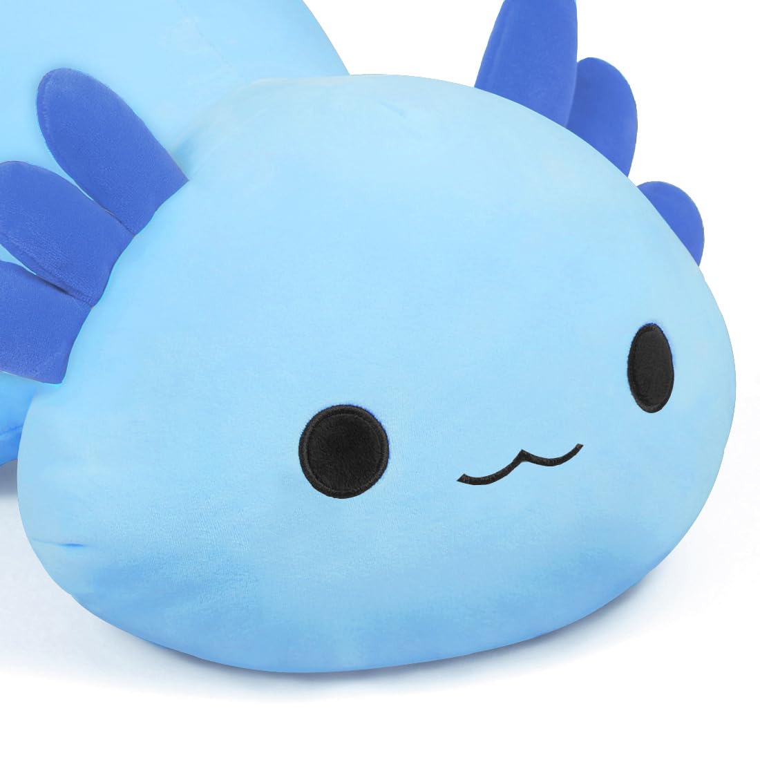 MIAOHAHA blue axolotl pillow gift-ready packaging.