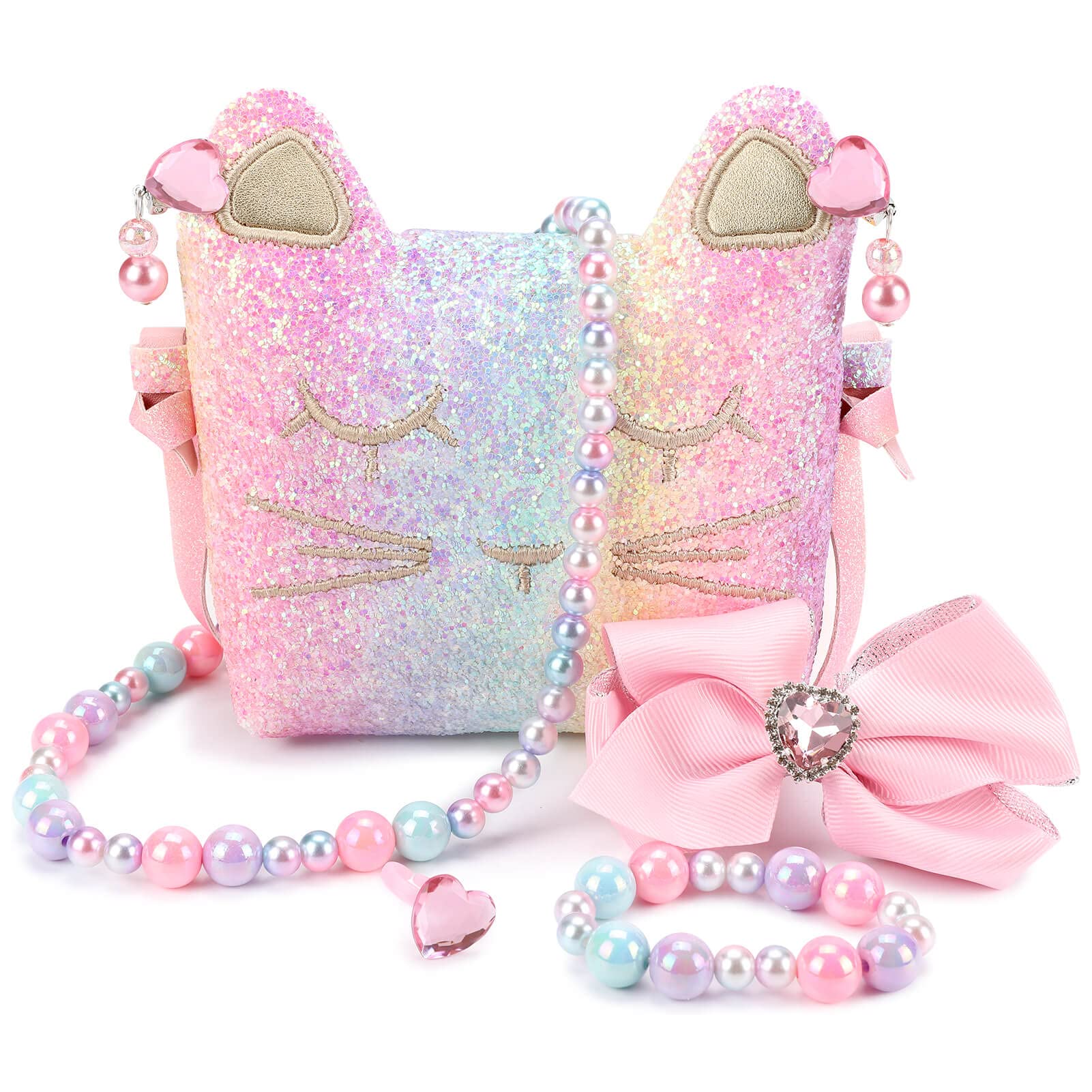 Mibasies cat purse front view with glitter finish for pretend play outfits