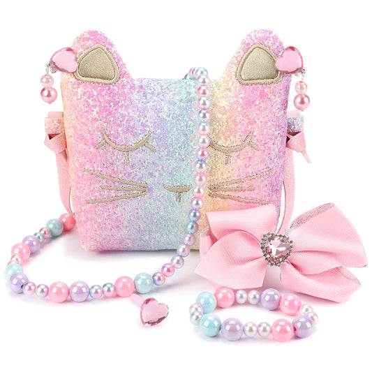 Mibasies cat purse front view with glitter finish for pretend play outfits