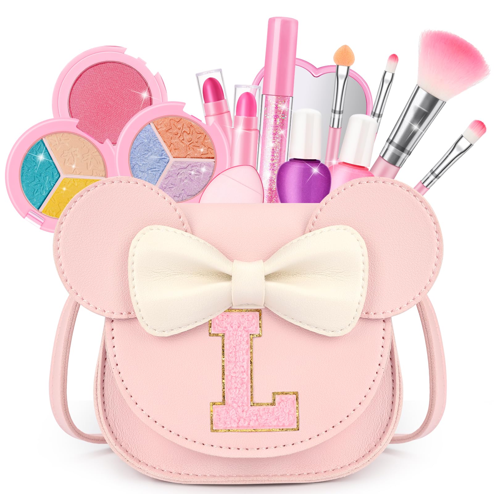 Mibasies kids makeup kit purse front view, portable for imaginative play.