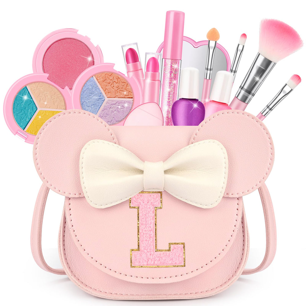 Mibasies kids makeup kit purse front view, portable for imaginative play.