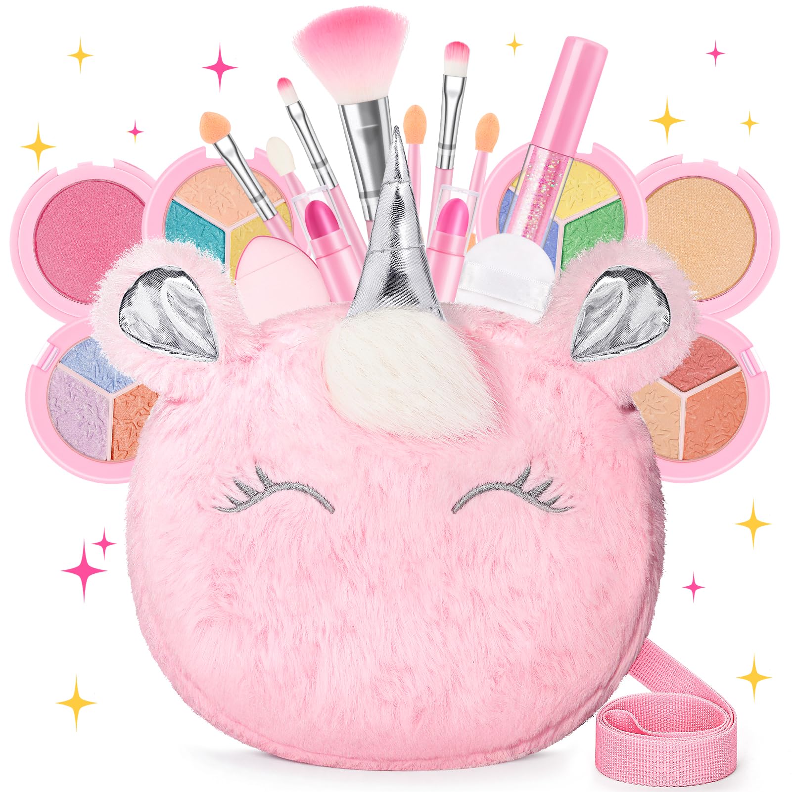 Mibasies Kids Makeup Kit with unicorn purse—washable eye shadow for imaginative play.